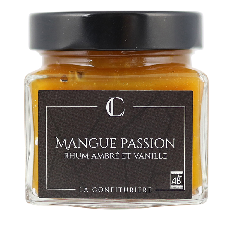 Pyszna konfitura organiczna z mango i marakui z rumem ambré i wanilią bourbon. Autentyczny smak egzotycznych owoców.