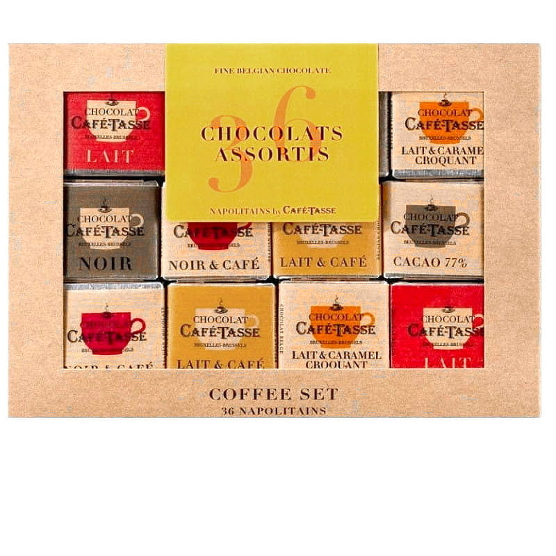 Zestaw belgijskich czekoladek degustacyjnych w 6 smakach.  36 rzemieślniczych neapolitanek od belgijskiego producenta Café-Tasse. Doskonałe do kawy i idealne na wykwintny prezent.