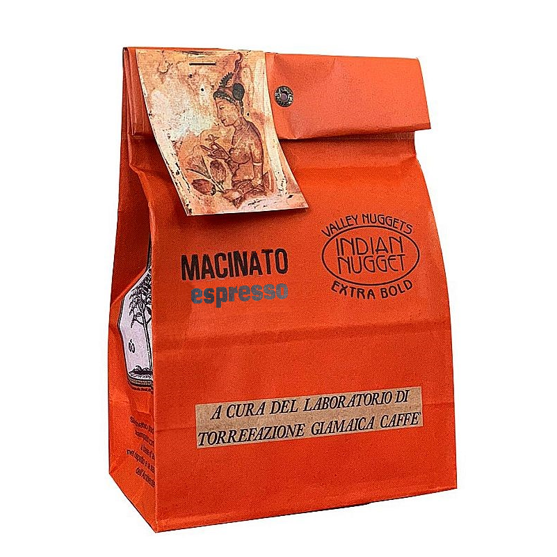 Indian Valley Nugget Extra Bold to perła w świecie kaw speciality - rzadko spotykana monoarabica z południowych Indii. Palona we Włoszech na otwartym ogniu w Giamaica Caffè. Mielona, 250 g.